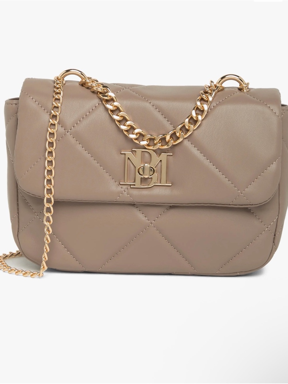 Badgley Mischka Quilted Taupe Crossbody with Gold Chain.